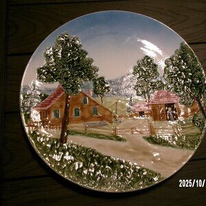 Vtg German Relief Pottery 13" Wall Plate Farmhouse Scene #3723 Ready to Hang EXC